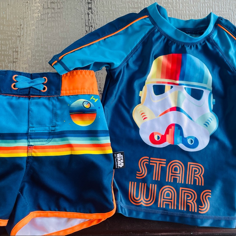 Gently USED  Star Wars swim trunks and rash guard size 2